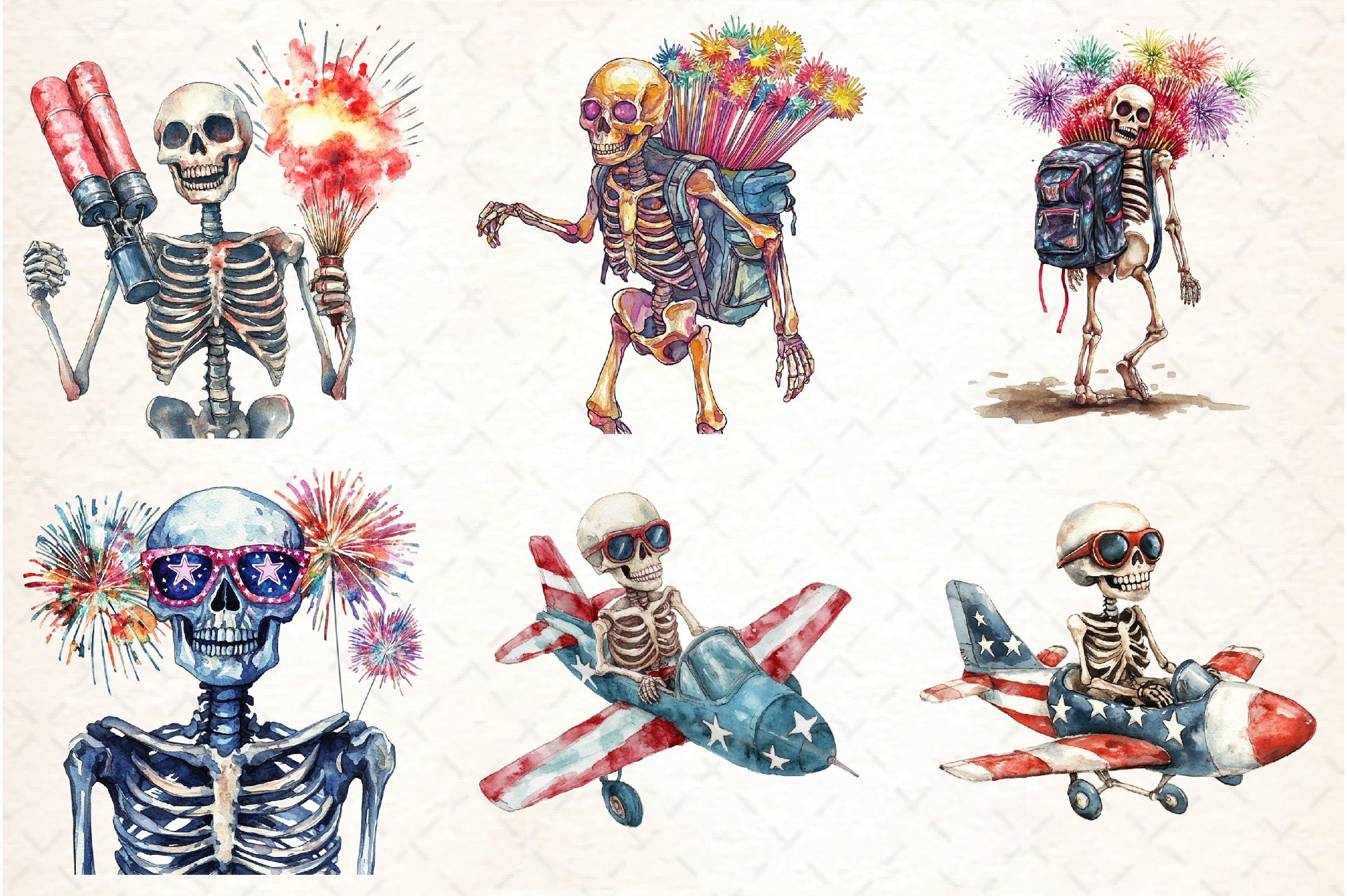 Funny Skeleton 4th of July Clipart Bundle