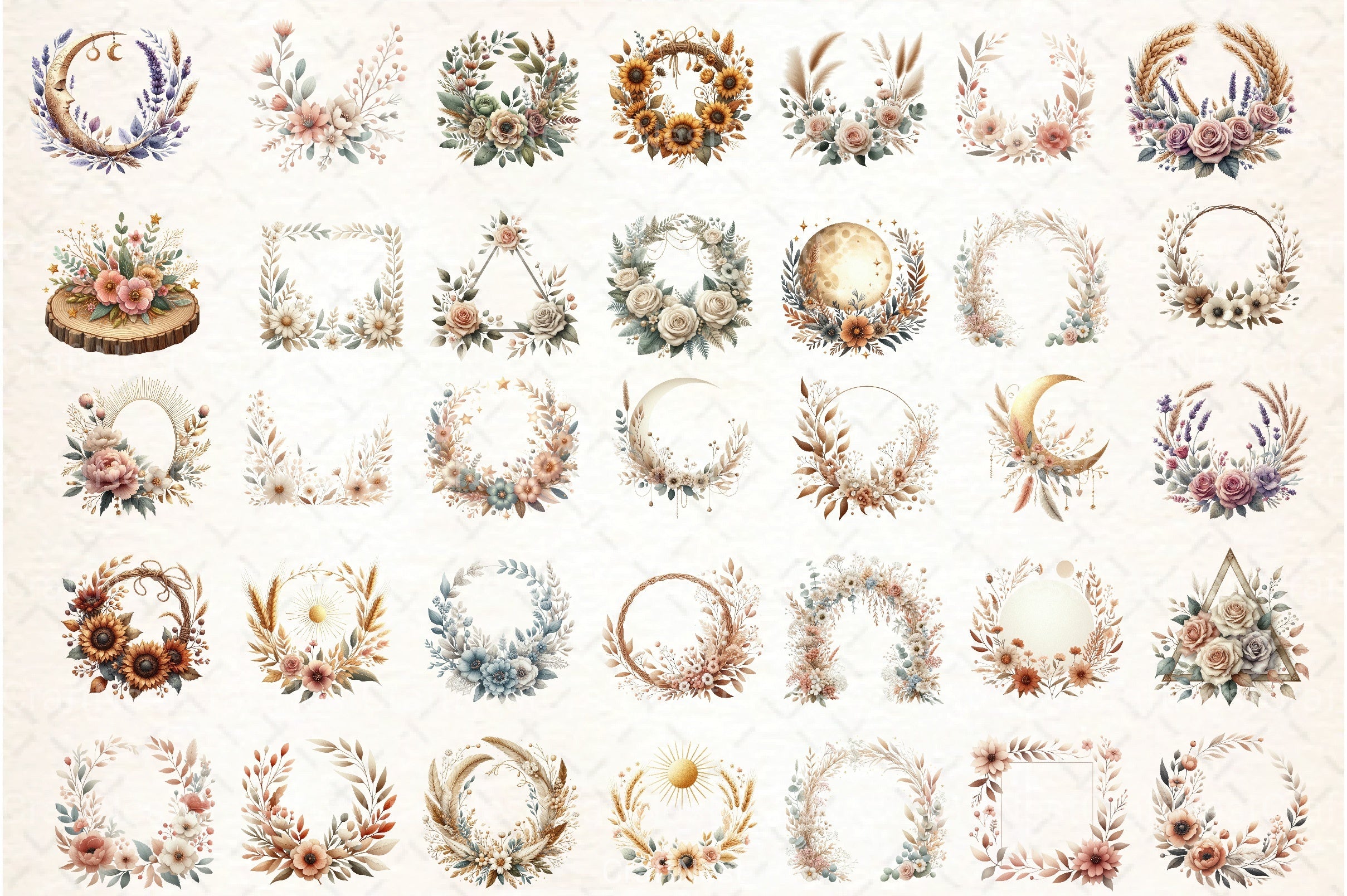 Boho Floral Frame Border Wreath Clipart Bundle - CraftNest - Digital Crafting and Art