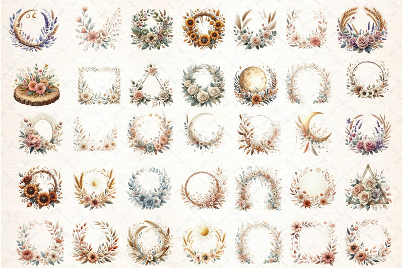 Boho Floral Frame Border Wreath Clipart Bundle - CraftNest - Digital Crafting and Art