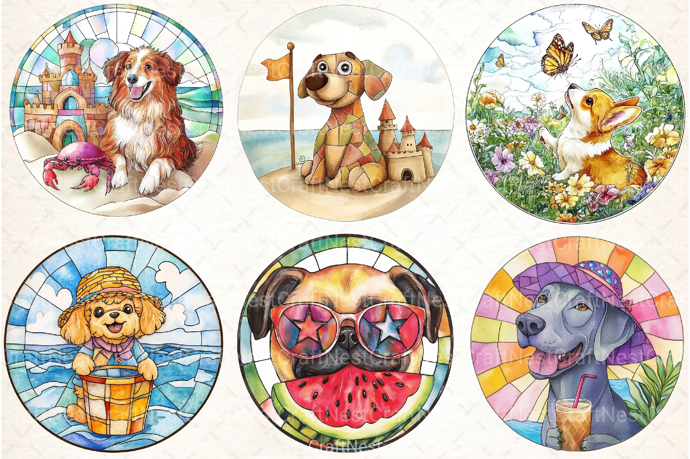 Round Stained Glass Summer Dog Clipart Bundle - CraftNest - Digital Crafting and Art