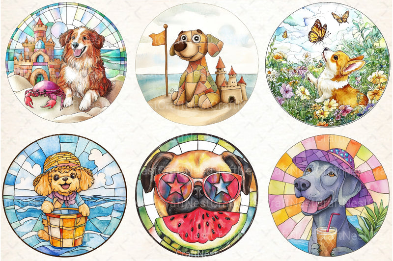 Round Stained Glass Summer Dog Clipart Bundle - CraftNest - Digital Crafting and Art