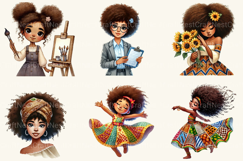 Black History Month Afro Girl Clipart Bundle 3 - CraftNest - Digital Crafting and Art