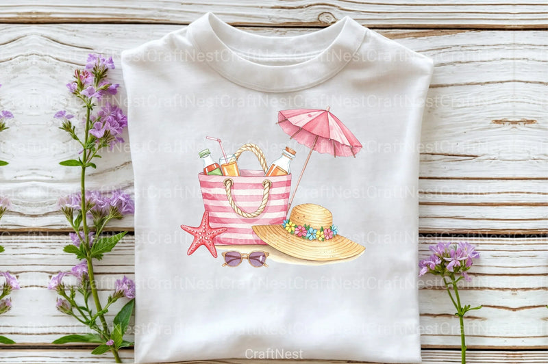 Pink Striped Beach Bag with Drinks Clipart Bundle - CraftNest - Digital Crafting and Art