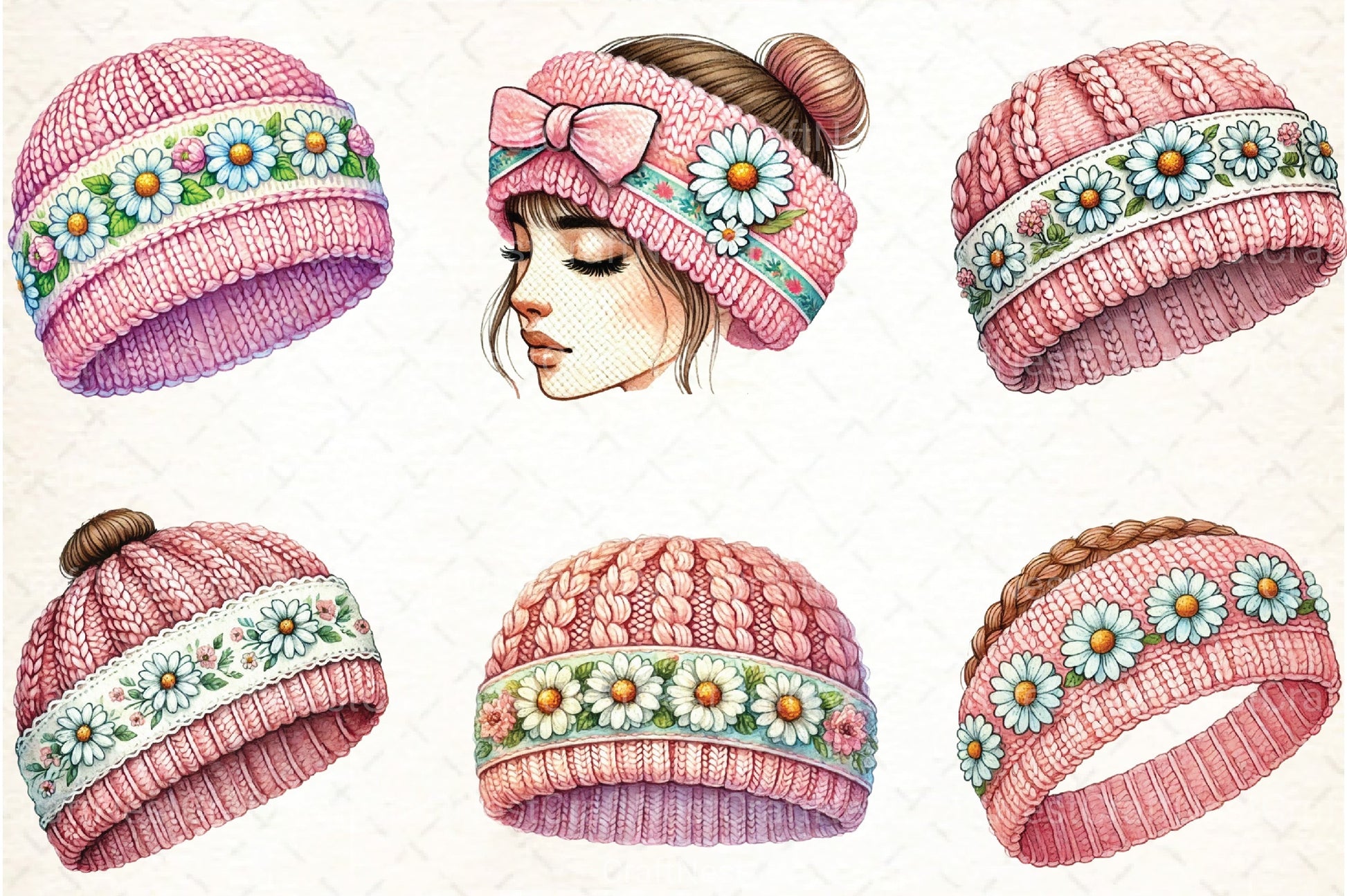 Pink Knitted Hat with Daisies Clipart Bundle - CraftNest - Digital Crafting and Art