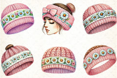 Pink Knitted Hat with Daisies Clipart Bundle - CraftNest - Digital Crafting and Art