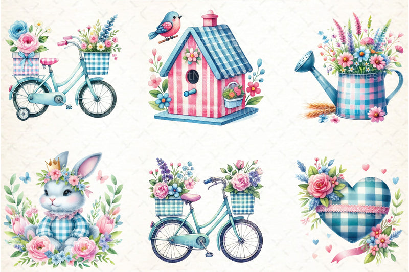 Blue & Pink Gingham Spring Clipart Bundle 7 - CraftNest - Digital Crafting and Art