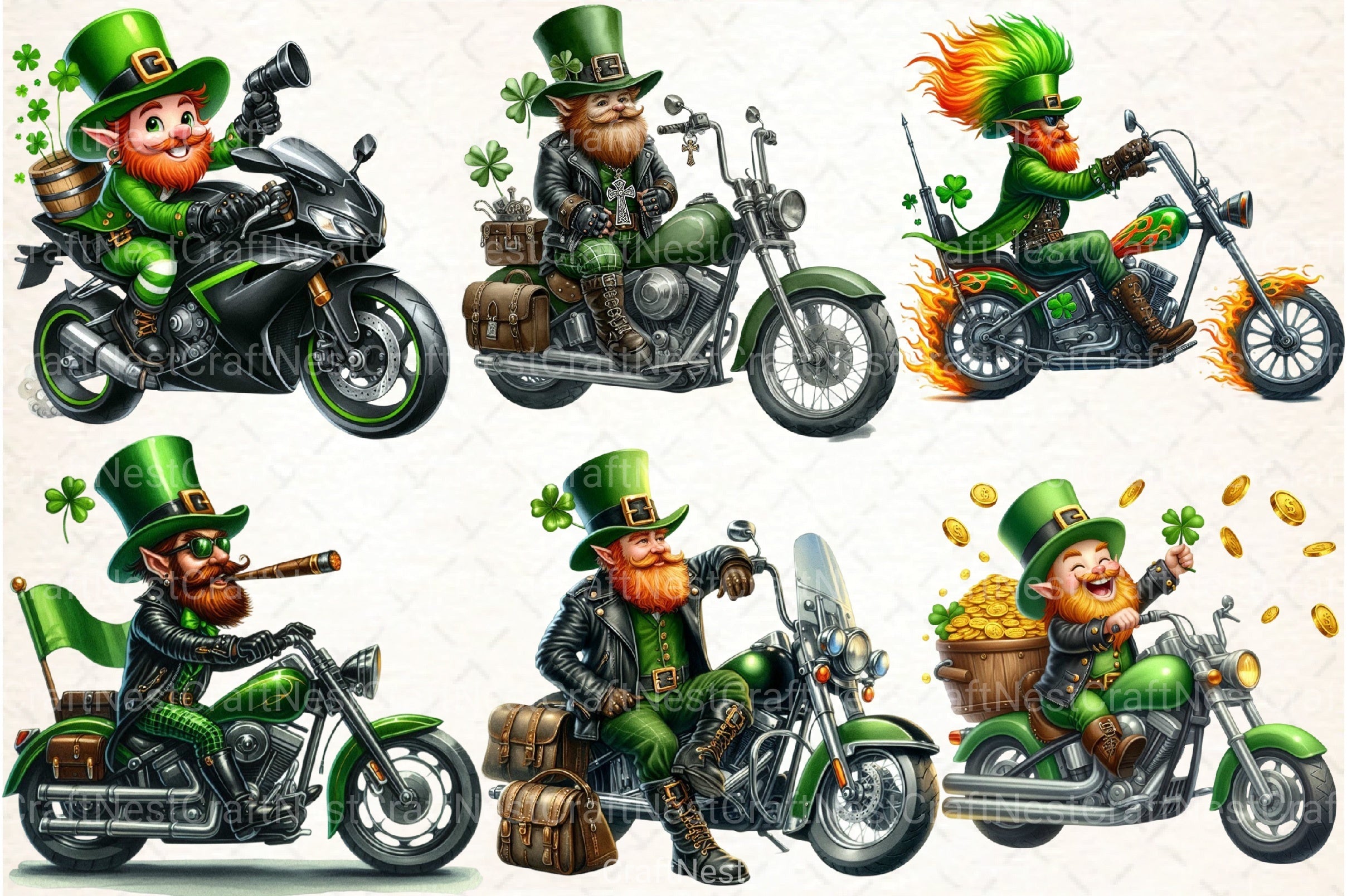 St. Patrick's Day Leprechaun Biker Clipart Bundle - CraftNest - Digital Crafting and Art