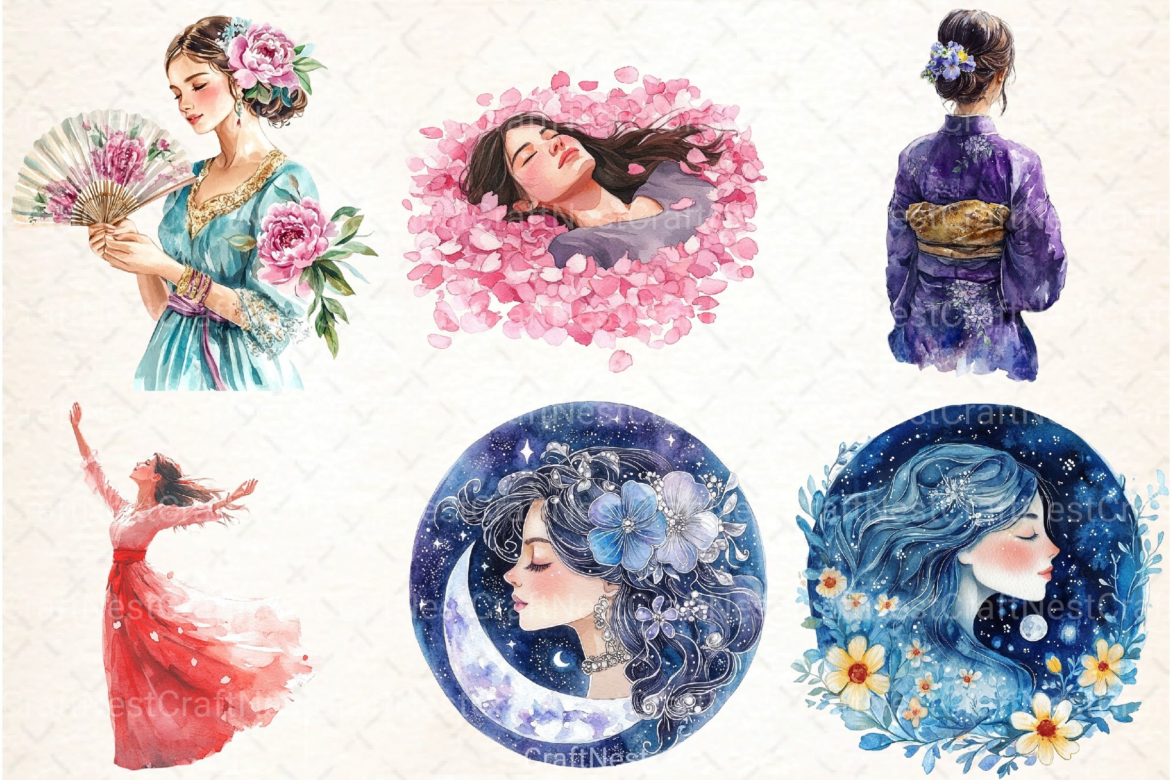 Japanese Flower Maiden Clipart Bundle - CraftNest - Digital Crafting and Art