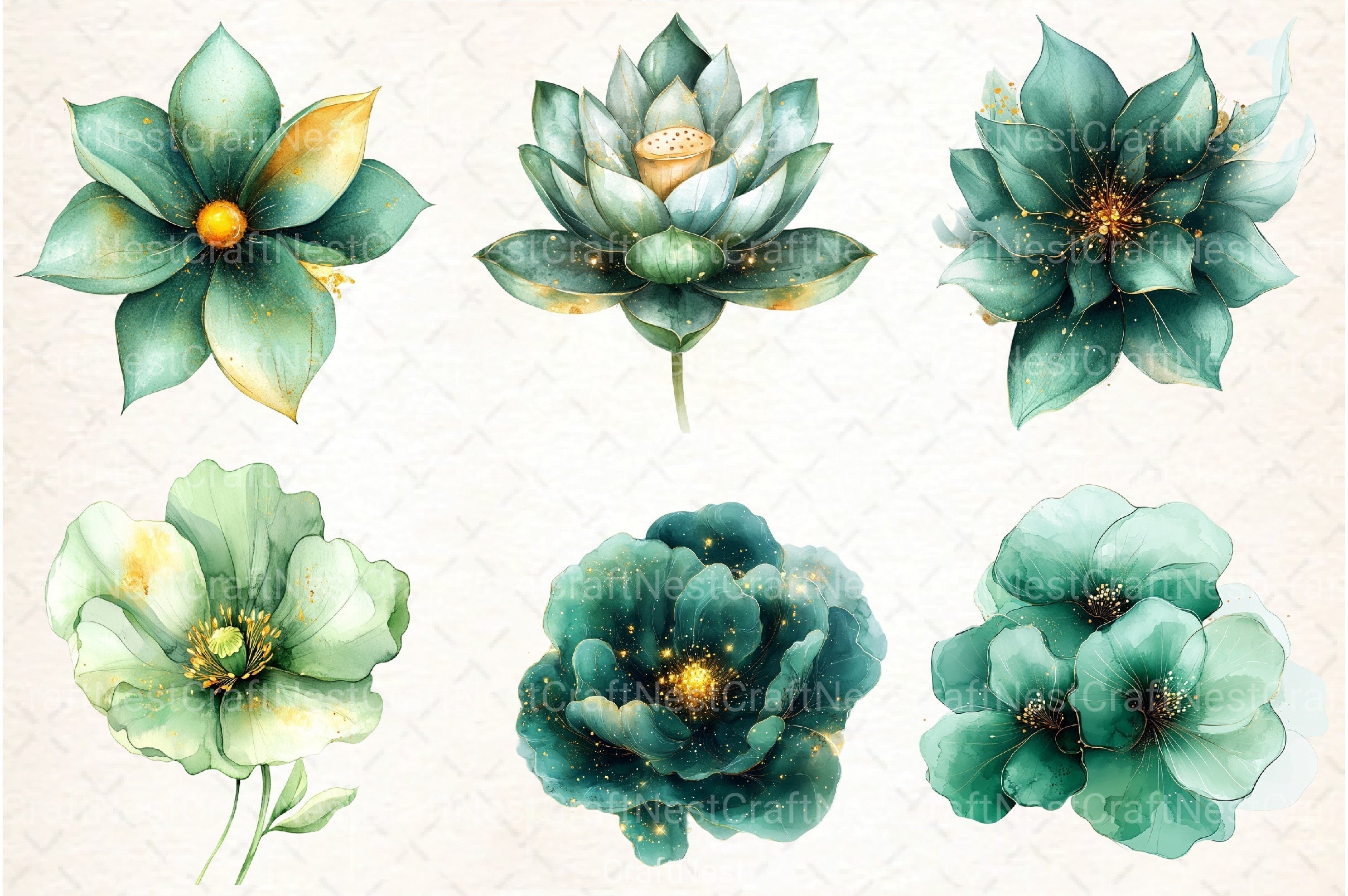 Abstract Green Gold Flower Clipart Bundle - CraftNest - Digital Crafting and Art