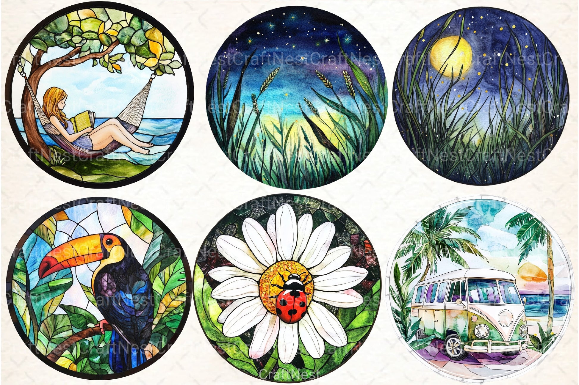 Round Stained Glass Summer Clipart Bundle 44 - CraftNest - Digital Crafting and Art
