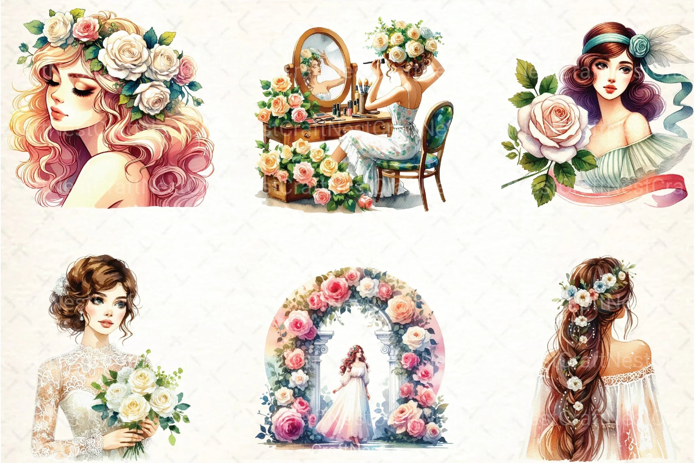 Spring White Roses & Woman Clipart Bundle 1 - CraftNest - Digital Crafting and Art