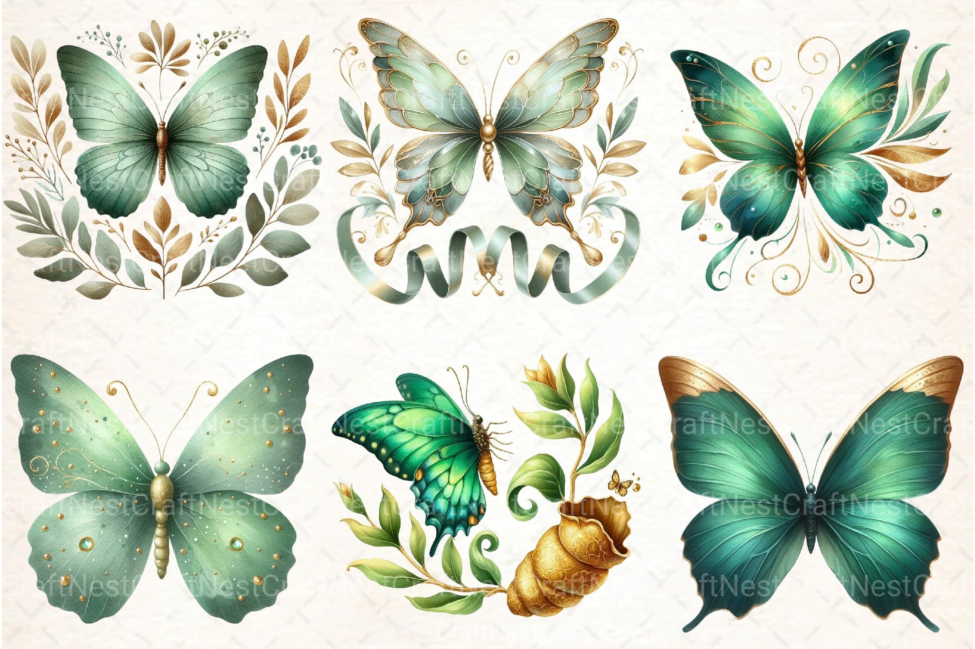 Green Gold Butterflies Clipart Bundle - CraftNest - Digital Crafting and Art