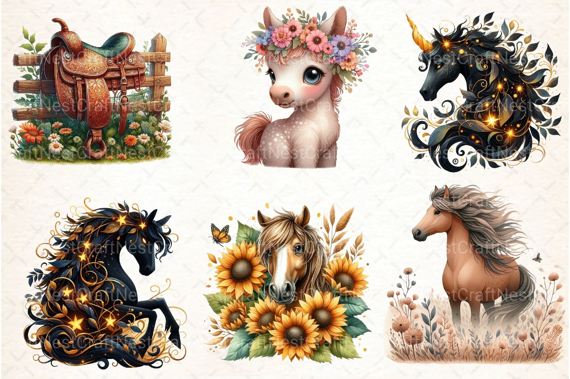 Boho Wild Flowers Horse Clipart Bundle - CraftNest - Digital Crafting and Art