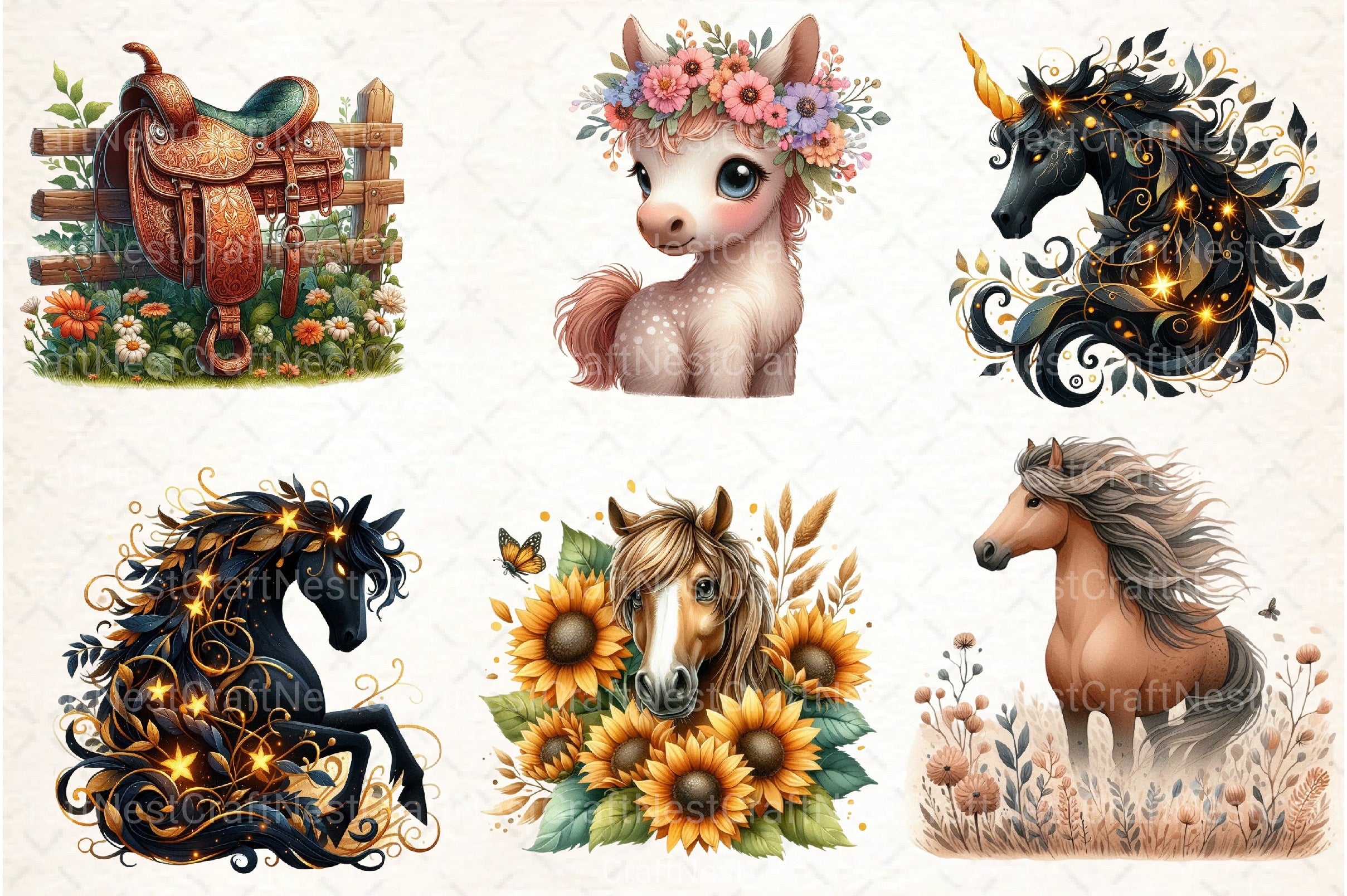 Boho Wild Flowers Horse Clipart Bundle - CraftNest - Digital Crafting and Art
