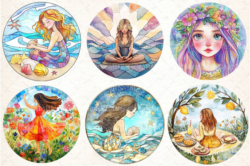 Stained Glass Summer Girls Clipart Bundle - CraftNest - Digital Crafting and Art