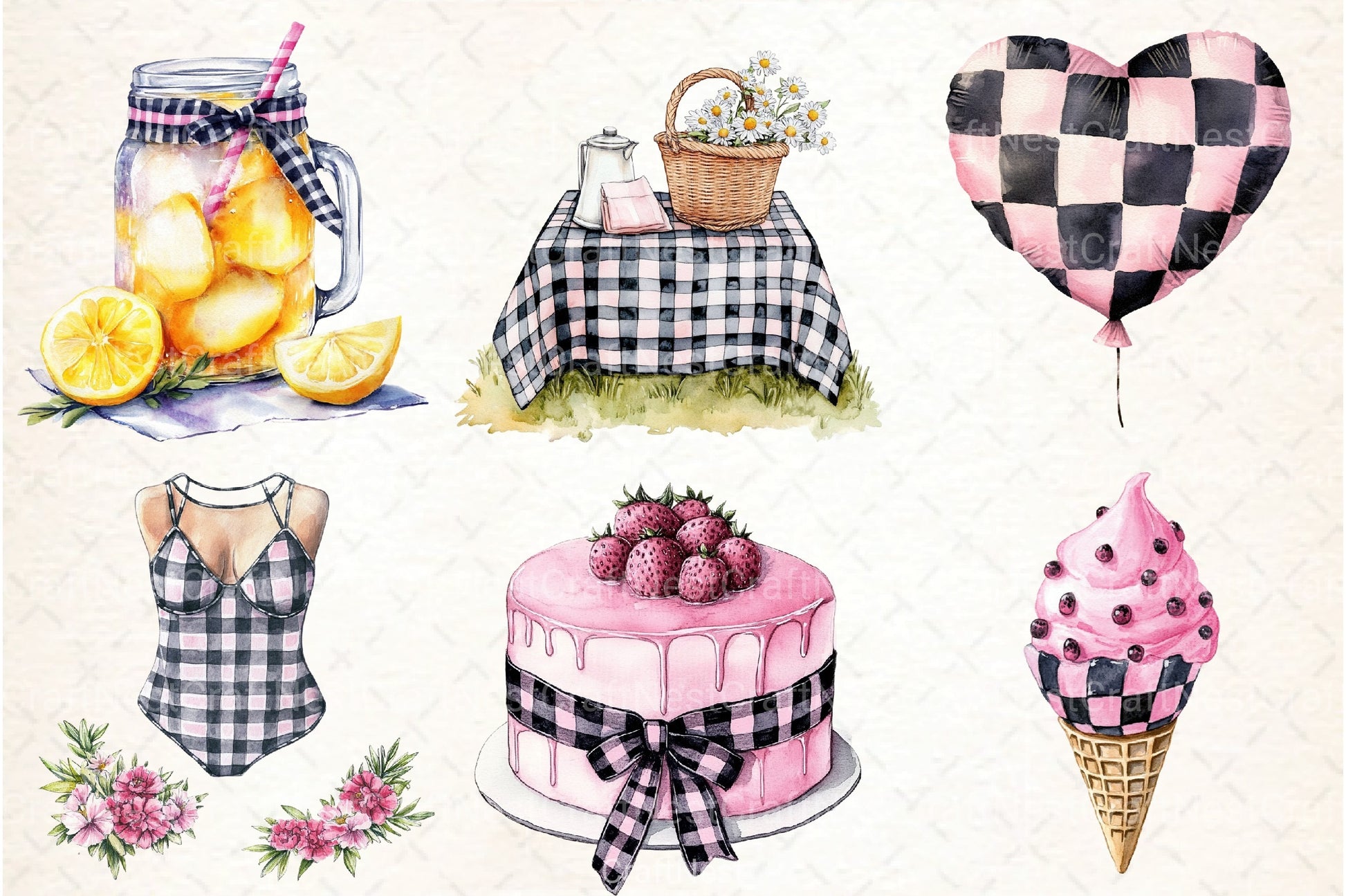 Black and Pink Gingham Summer Clipart Bundle 2 - CraftNest - Digital Crafting and Art
