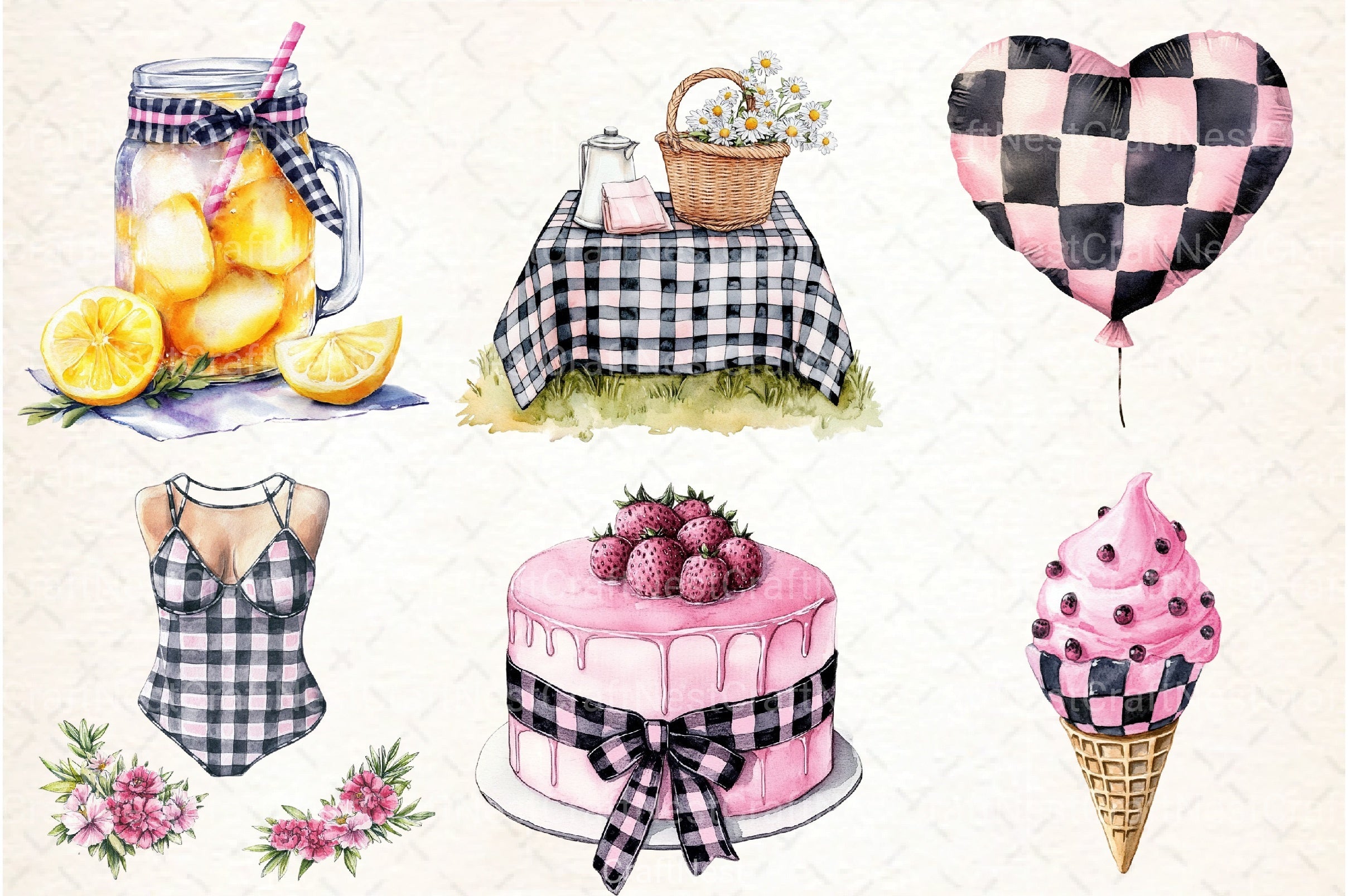 Black and Pink Gingham Summer Clipart Bundle 2 - CraftNest - Digital Crafting and Art
