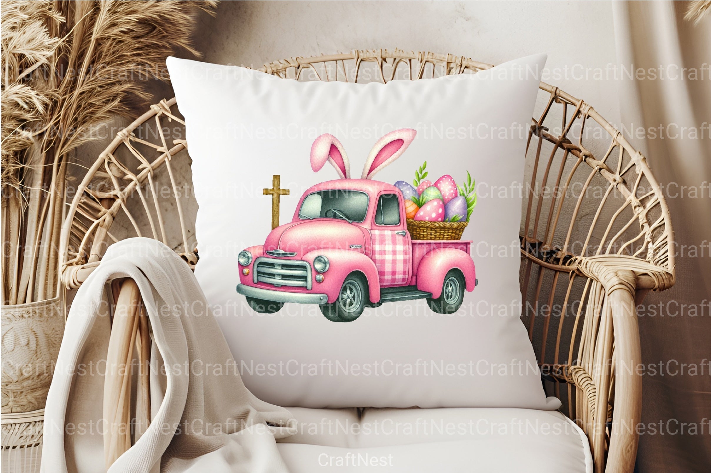 Pink Checkered Truck with Bunny Ears Clipart Bundle 4 - CraftNest - Digital Crafting and Art
