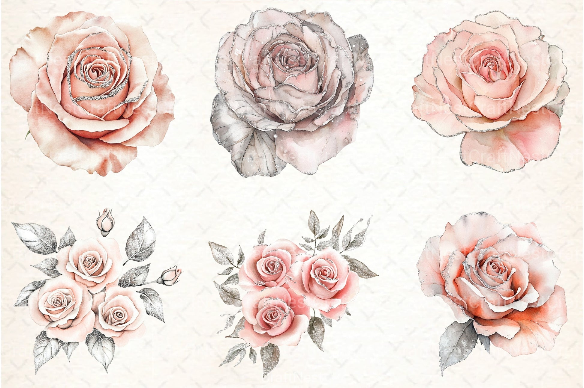 Blush and Silver Glam Roses Clipart Bundle 4 - CraftNest - Digital Crafting and Art