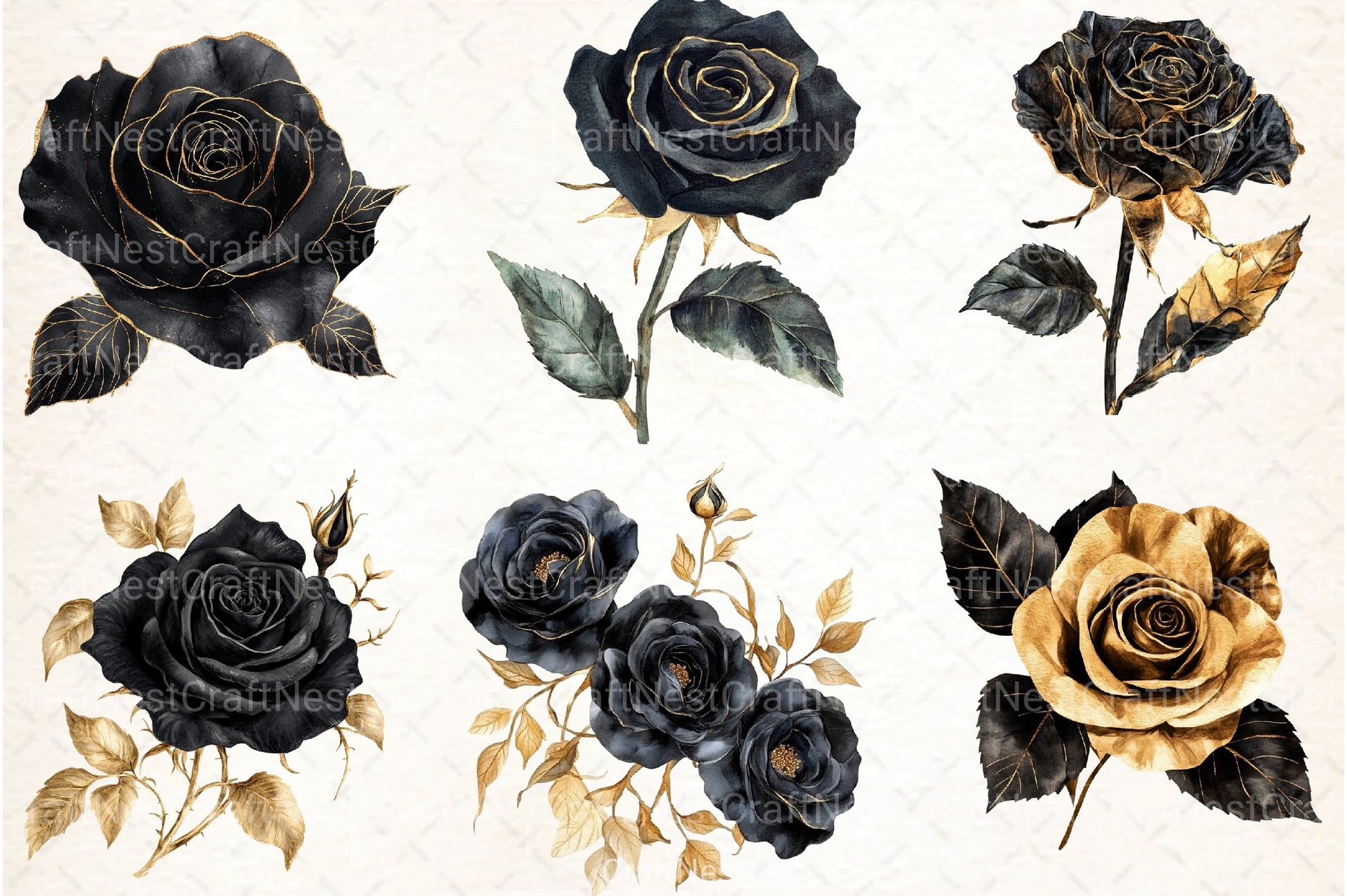 Black and Gold Rose Clipart Bundle - CraftNest - Digital Crafting and Art