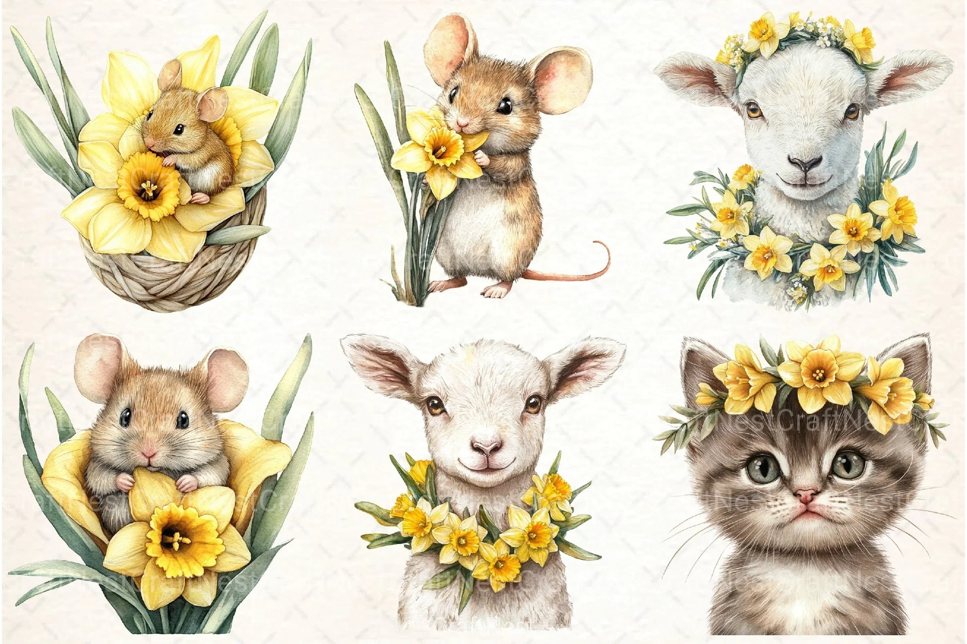 Cute Animals with Daffodils Clipart Bundle - CraftNest - Digital Crafting and Art
