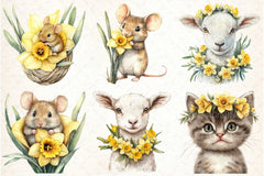 Cute Animals with Daffodils Clipart Bundle - CraftNest - Digital Crafting and Art