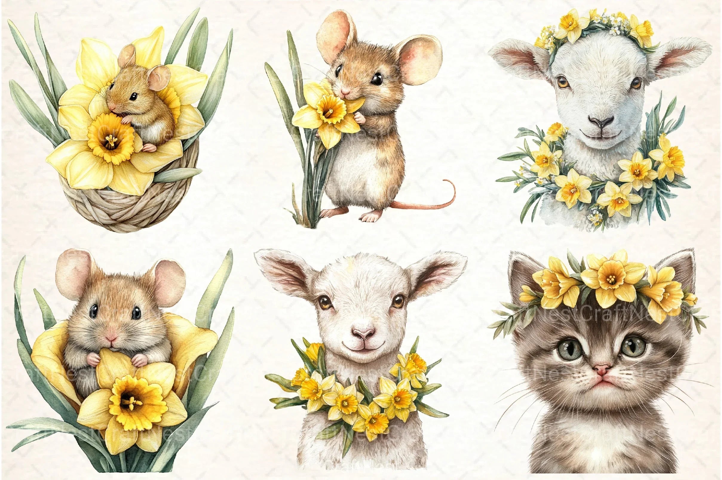 Cute Animals with Daffodils Clipart Bundle - CraftNest - Digital Crafting and Art