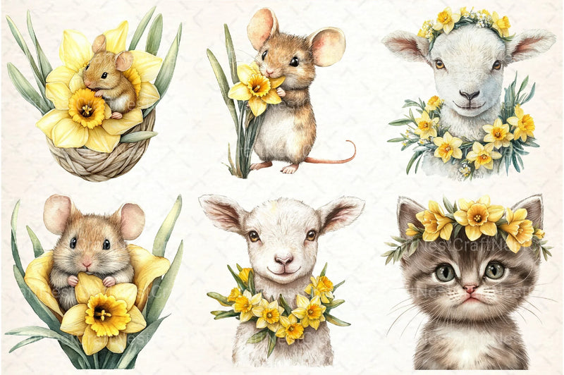 Cute Animals with Daffodils Clipart Bundle - CraftNest - Digital Crafting and Art