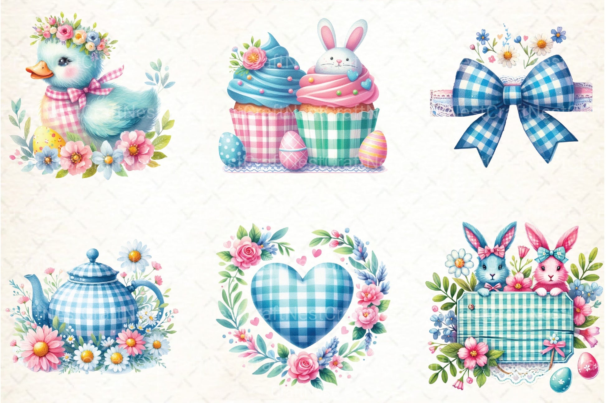 Blue & Pink Gingham Spring Clipart Bundle 7 - CraftNest - Digital Crafting and Art