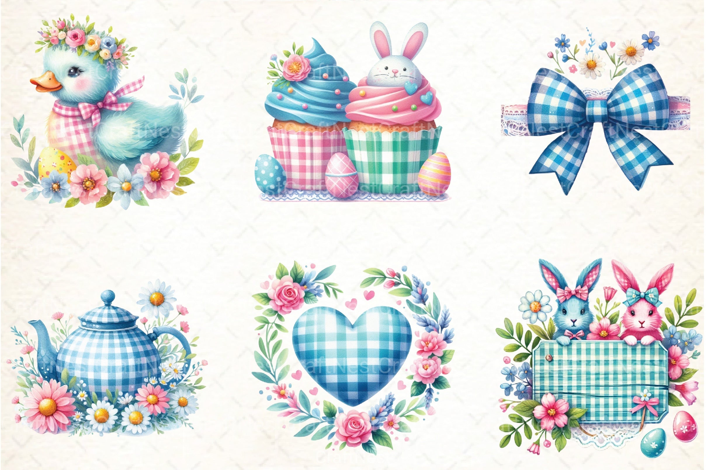 Blue & Pink Gingham Spring Clipart Bundle 7 - CraftNest - Digital Crafting and Art