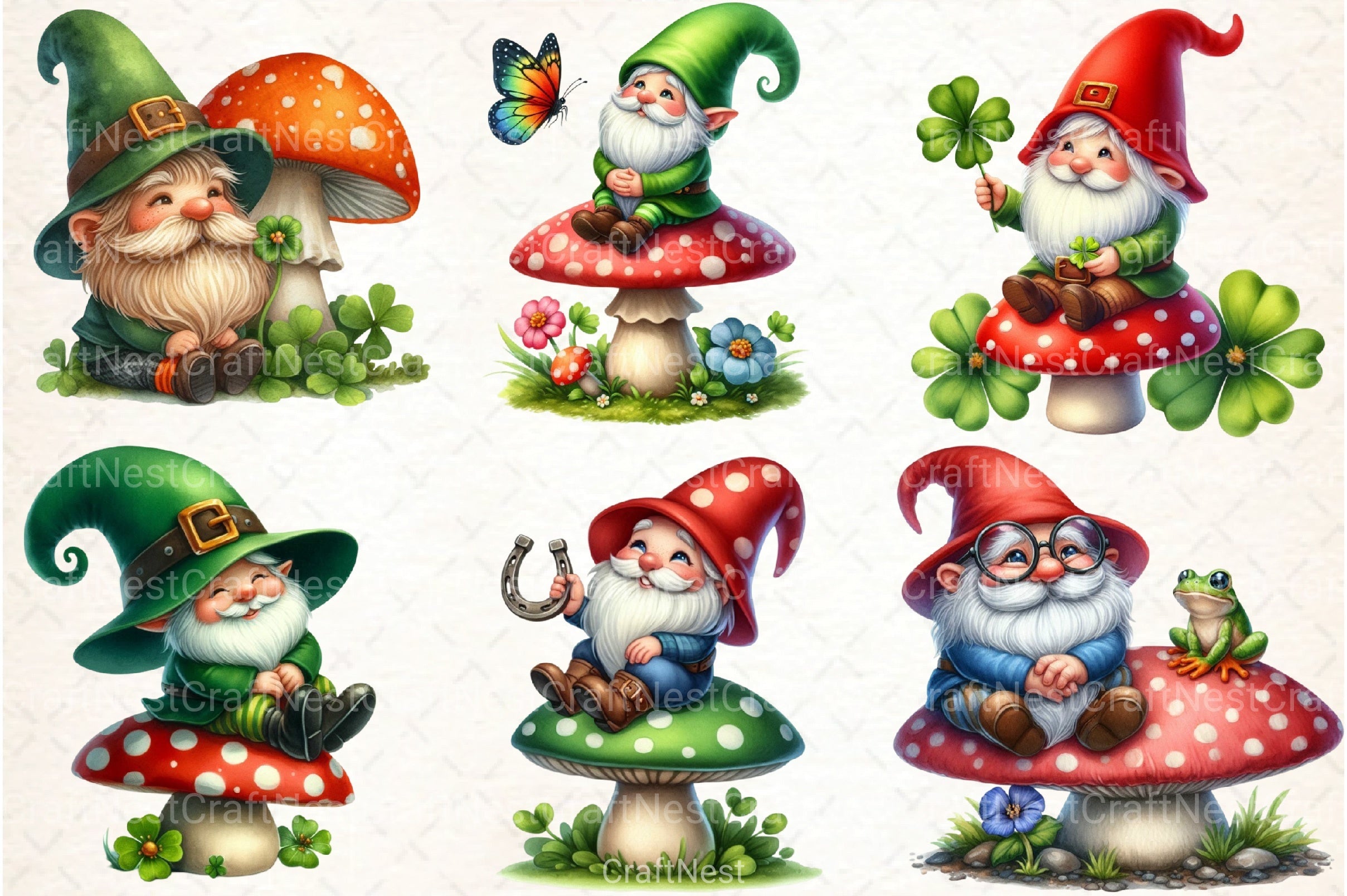 St. Patrick's Day Gnomes on Mushroom Clipart Bundle - CraftNest - Digital Crafting and Art