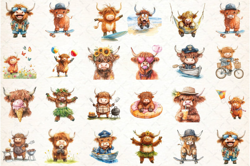 Summer Funny Cute Highland Cow Clipart Bundle - CraftNest - Digital Crafting and Art
