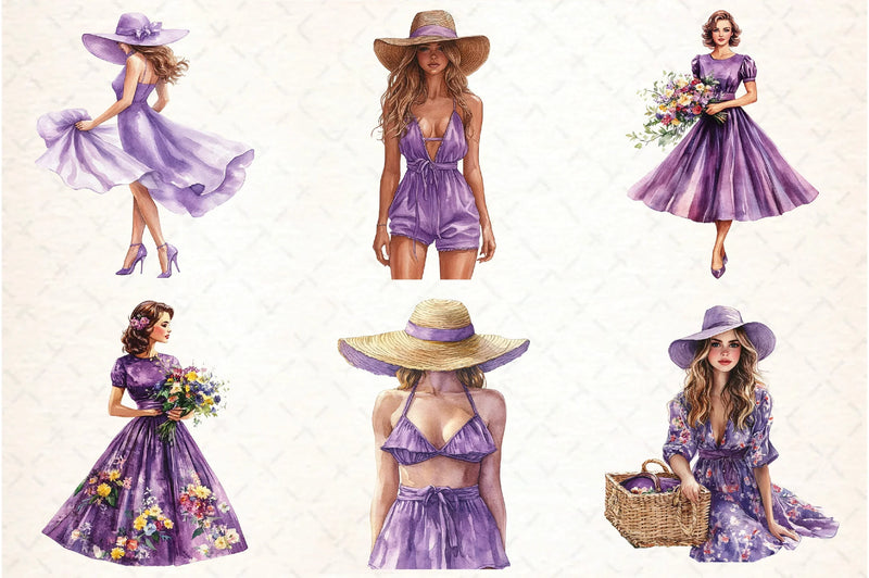Purple Summer Vintage Woman Clipart Bundle - CraftNest - Digital Crafting and Art