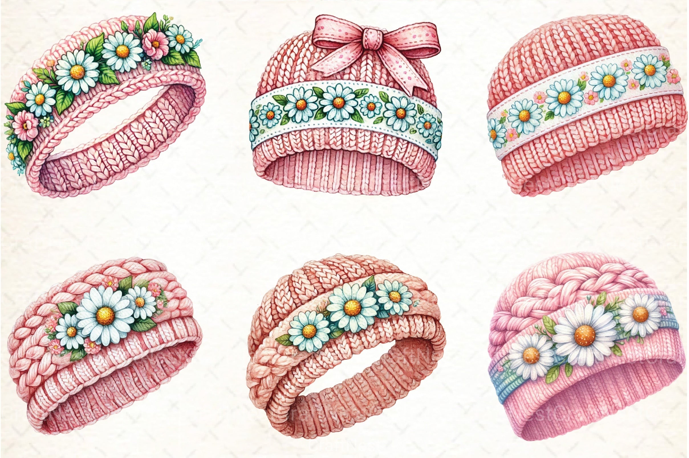Pink Knitted Hat with Daisies Clipart Bundle - CraftNest - Digital Crafting and Art