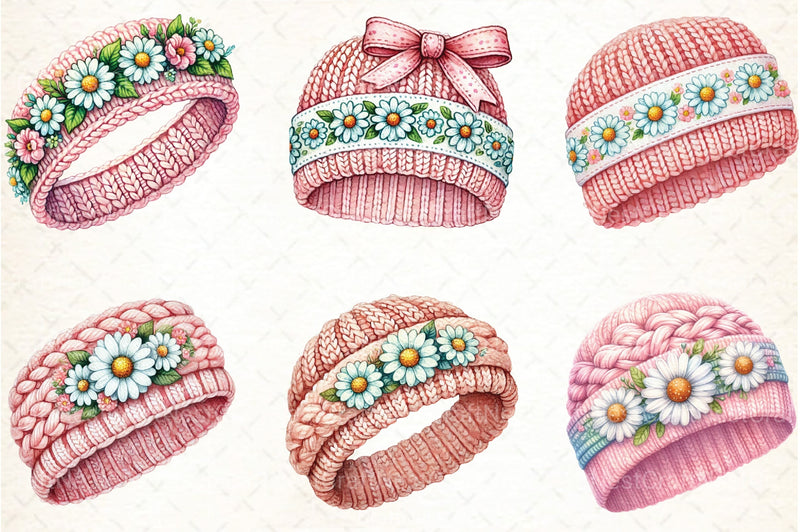 Pink Knitted Hat with Daisies Clipart Bundle - CraftNest - Digital Crafting and Art