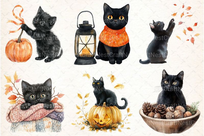 Fall Autumn Black Cat Clipart Bundle 1 - CraftNest - Digital Crafting and Art
