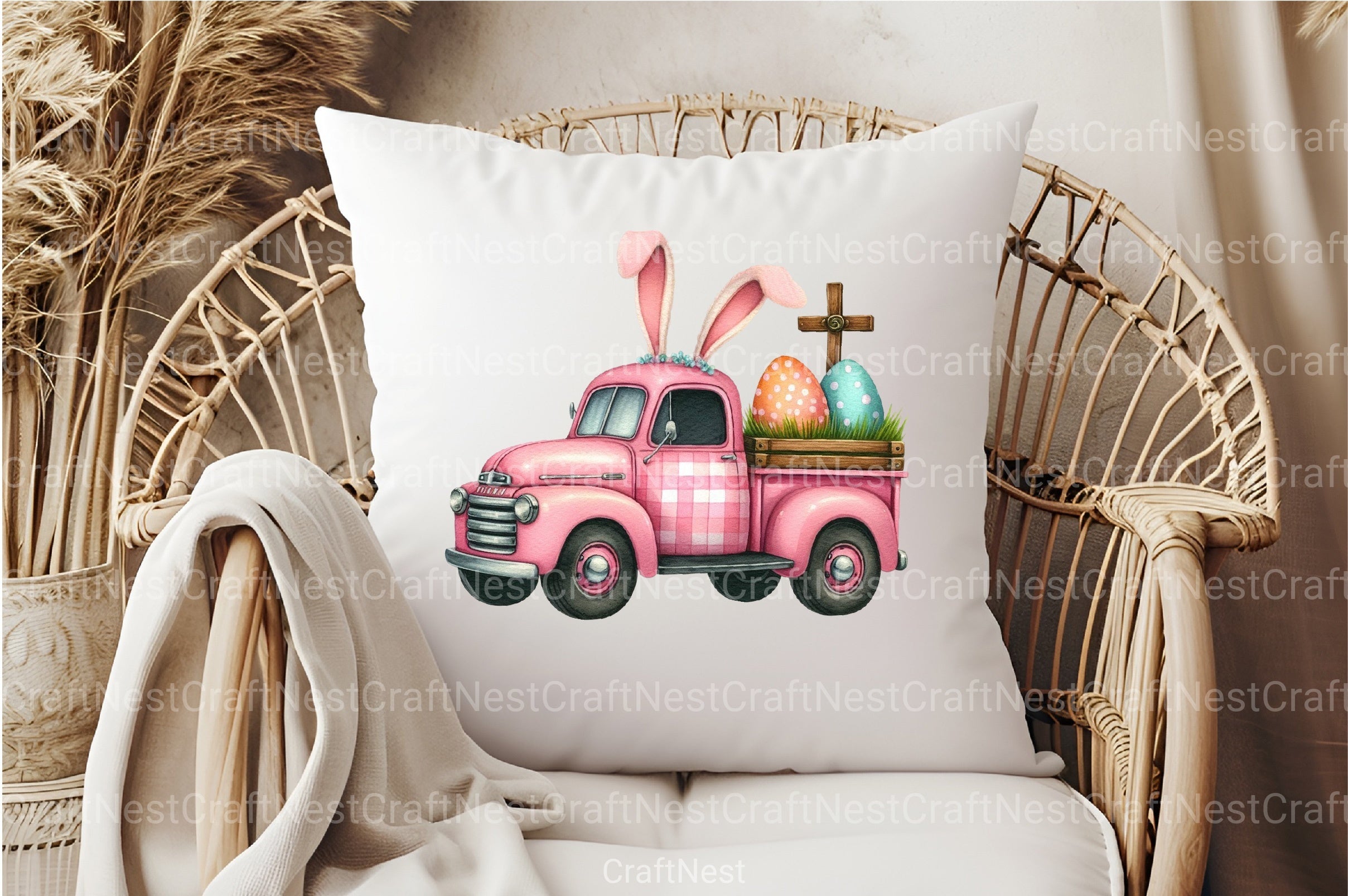 Pink Checkered Truck with Bunny Ears Clipart Bundle 1 - CraftNest - Digital Crafting and Art