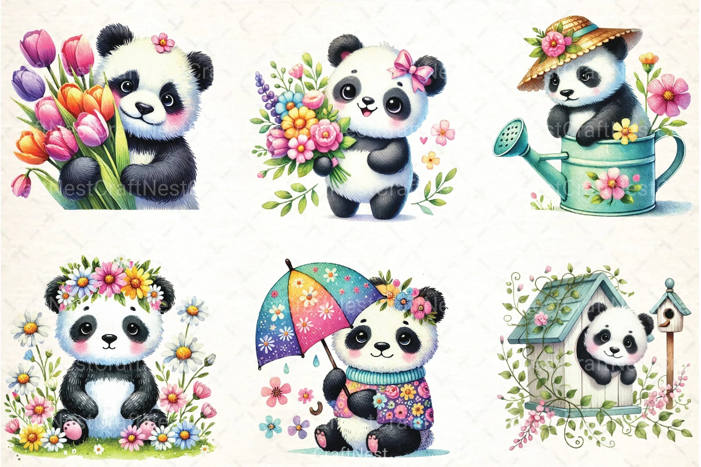 Springtime Panda Cute Spring Panda Clipart Bundle
