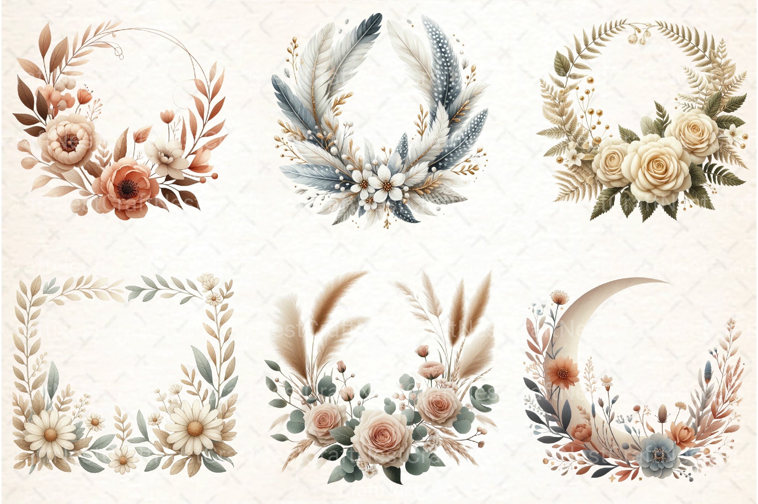 Boho Floral Frame Border Wreath Clipart Bundle - CraftNest - Digital Crafting and Art