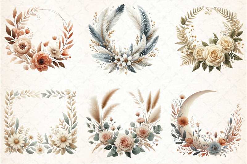 Boho Floral Frame Border Wreath Clipart Bundle - CraftNest - Digital Crafting and Art