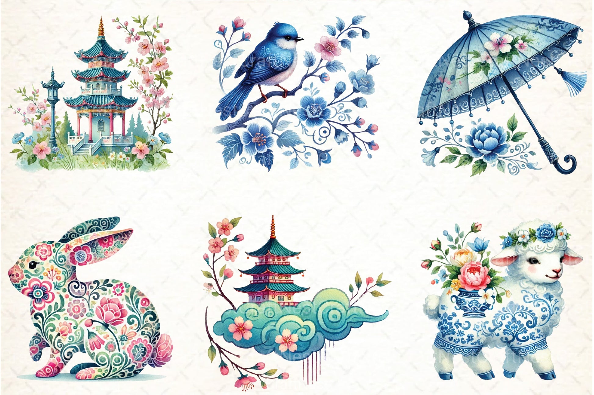 Blue Chinoiserie Spring Clipart Bundle - CraftNest - Digital Crafting and Art