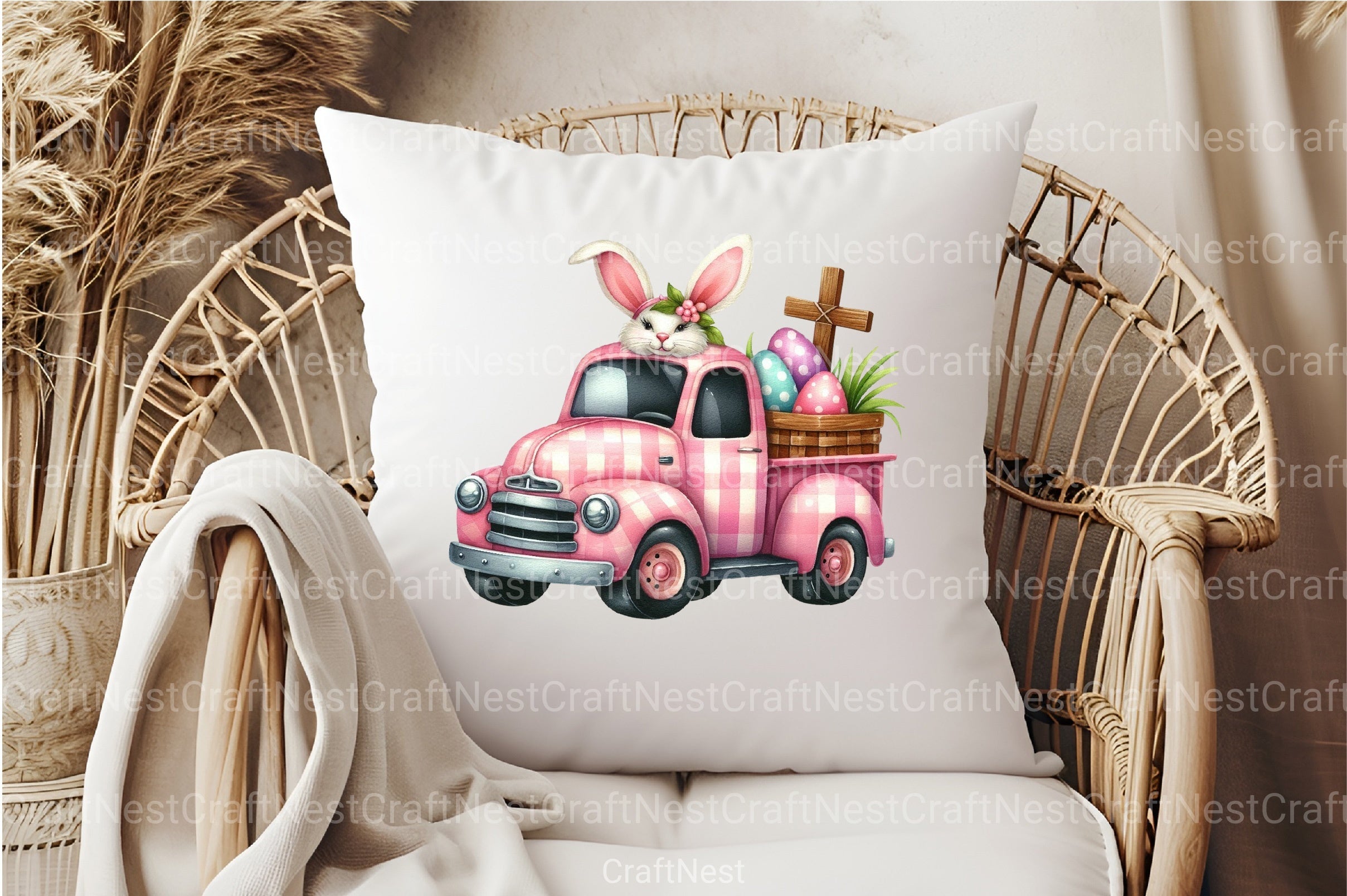 Pink Checkered Truck with Bunny Ears Clipart Bundle 2 - CraftNest - Digital Crafting and Art