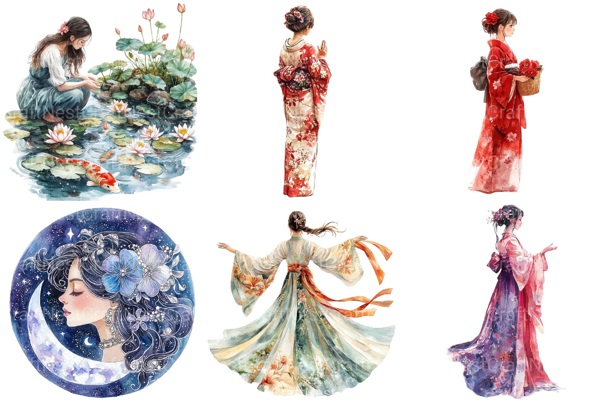 Japanese Flower Maiden Clipart Bundle - CraftNest - Digital Crafting and Art