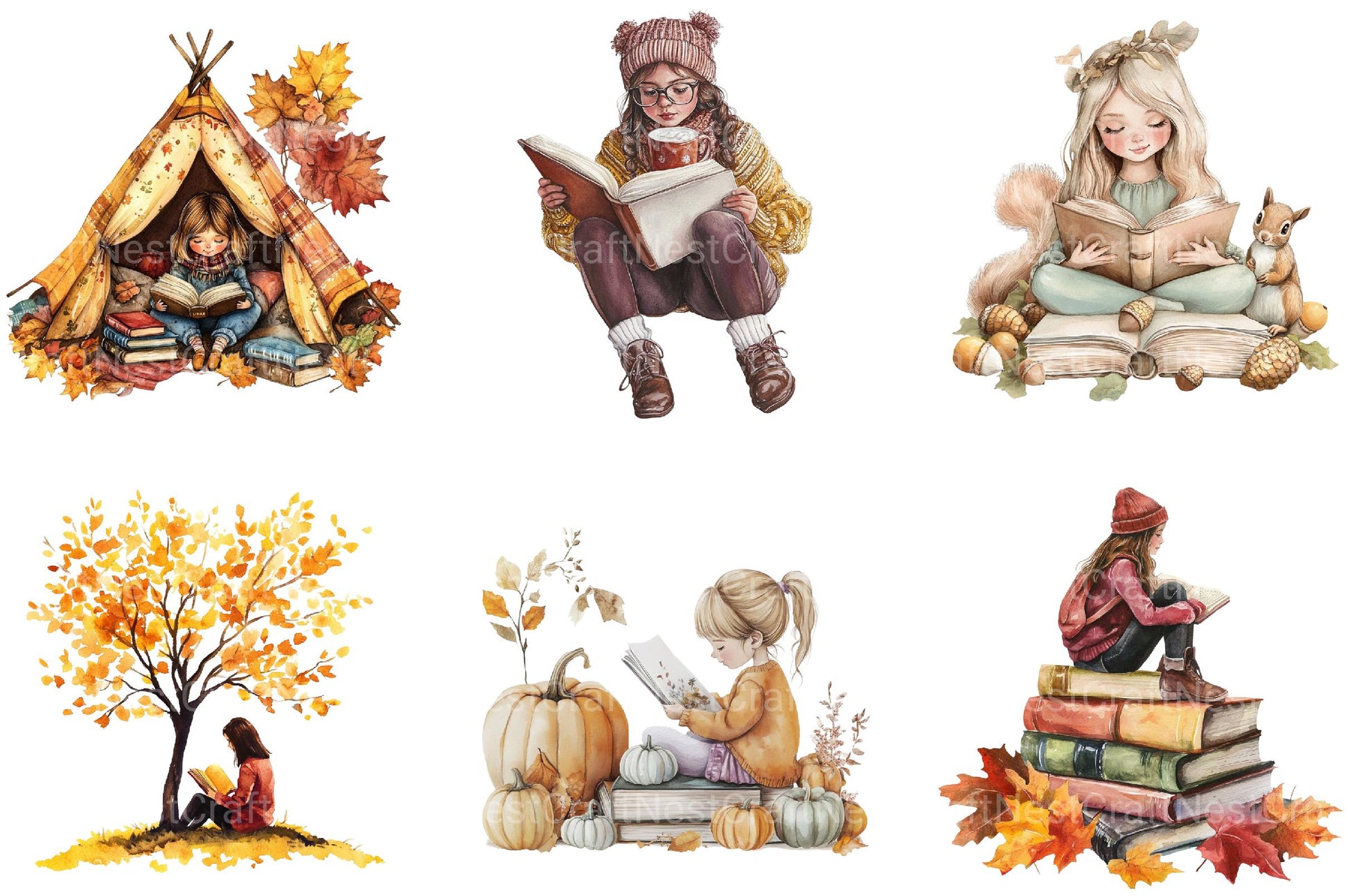 Back to School Autumn Girl Reading Clipart - CraftNest - Digital Crafting and Art