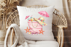 Pink Striped Beach Bag with Drinks Clipart Bundle 2 - CraftNest - Digital Crafting and Art