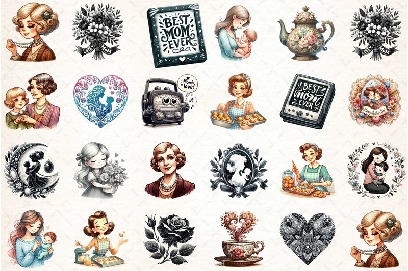 Black and White Mother's Day Clipart Bundle - CraftNest - Digital Crafting and Art