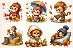 Cute Autumn Monkey Clipart Bundle - CraftNest - Digital Crafting and Art