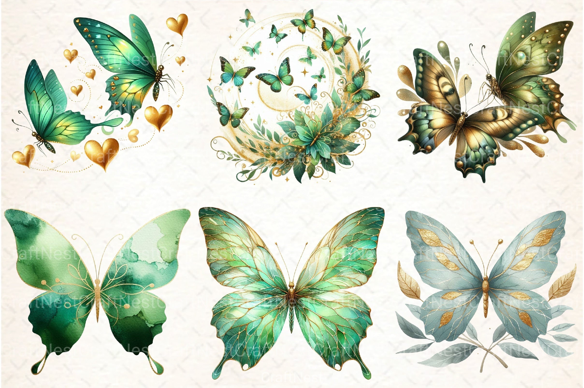 Green Gold Butterflies Clipart Bundle - CraftNest - Digital Crafting and Art