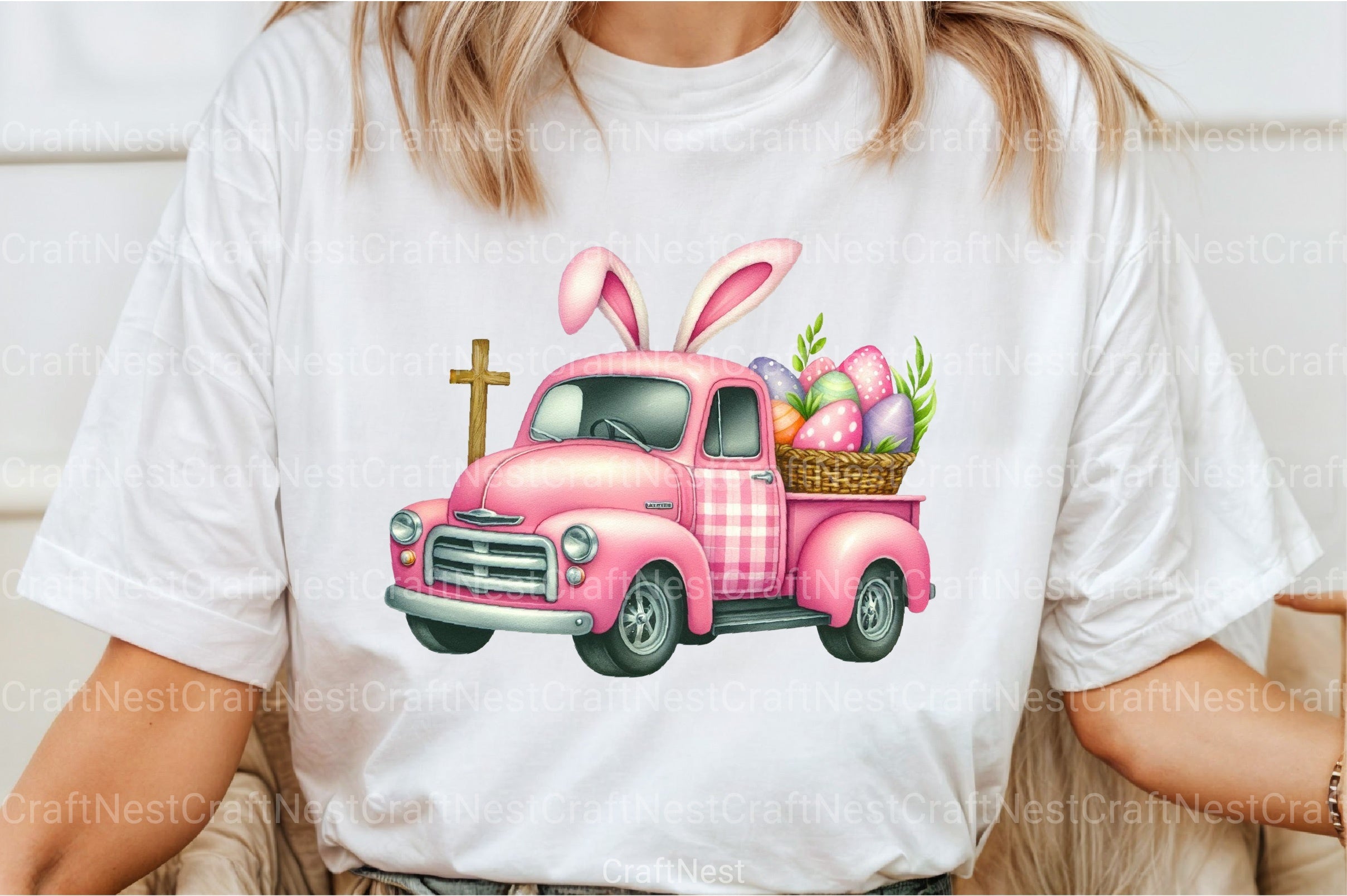 Pink Checkered Truck with Bunny Ears Clipart Bundle 4 - CraftNest - Digital Crafting and Art