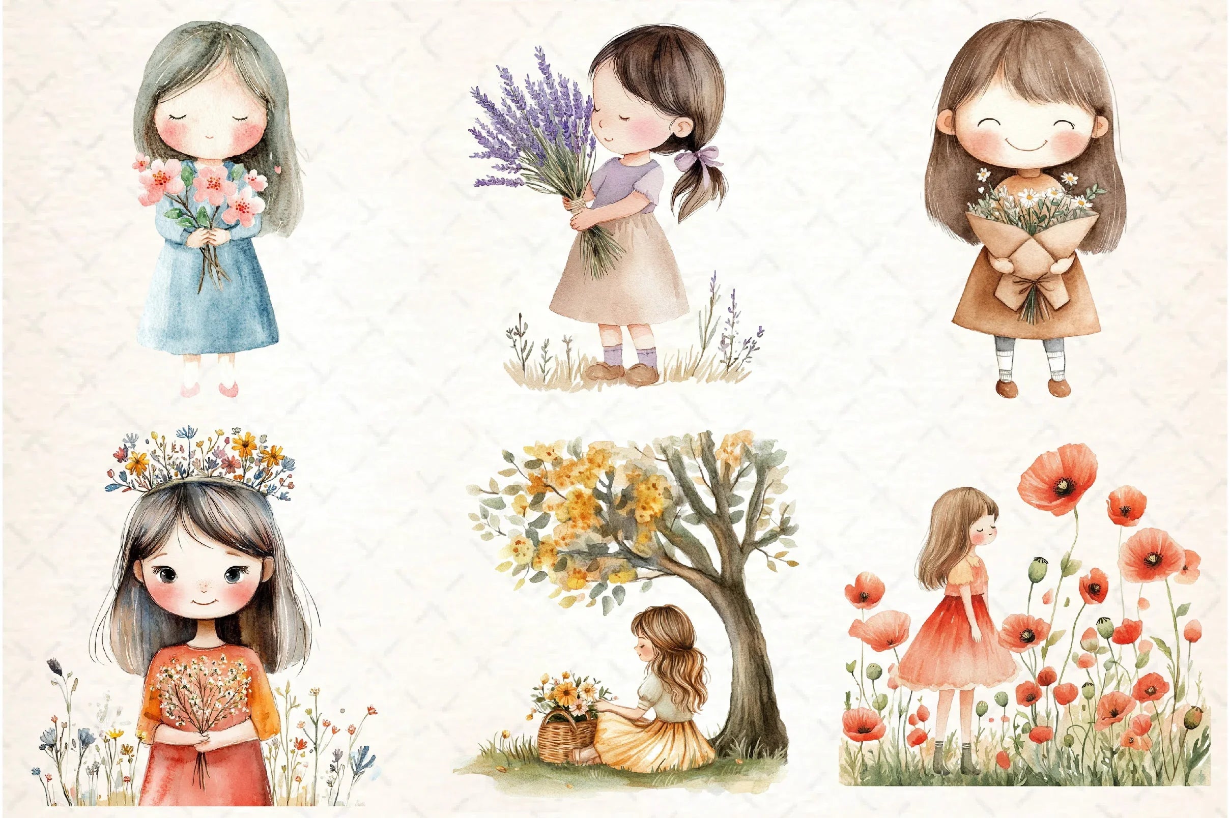 Cute Girl with Flowers Clipart Bundle - CraftNest - Digital Crafting and Art